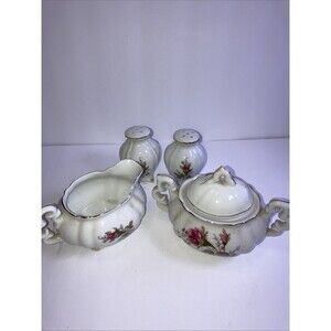 Lefton Pink Roses China Creamer and Sugar Bowl With Salt And Pepper